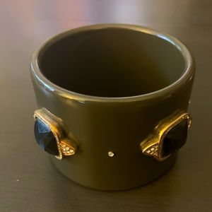 Statement Grey Resin Cuff with Navy Stones & Gold Accents – Art Deco Style